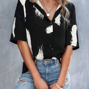 SHEIN Black and White Abstract Button Down Shirt